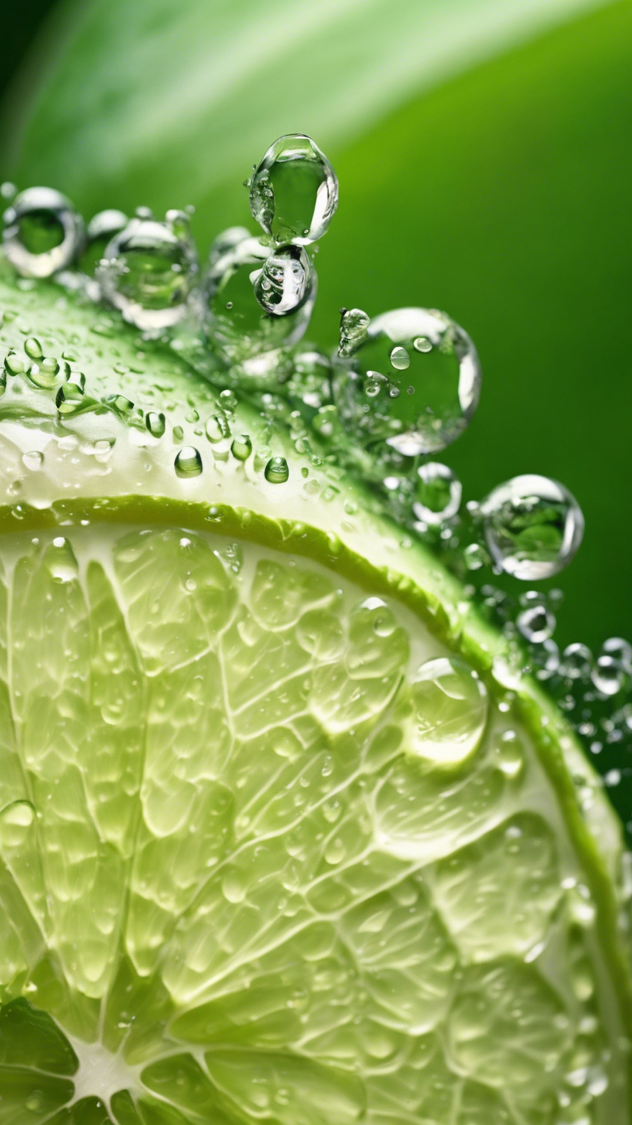 A Macro shot of water droplets on the skin of a fresh lime. 牆紙[ce9f9ad48d9f47e8b56b]