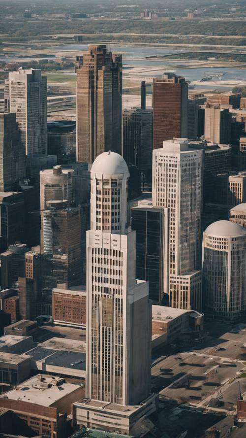 เส้นขอบฟ้าอันเป็นเอกลักษณ์ของเมืองดีทรอยต์ รัฐมิชิแกน เมื่อมองจากความสูงของ General Motors Renaissance Center
