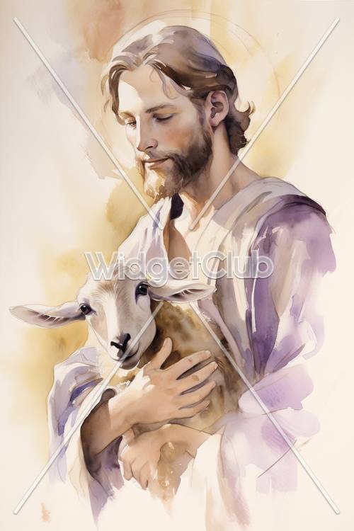 やさしい牧羊者と子羊のイラスト