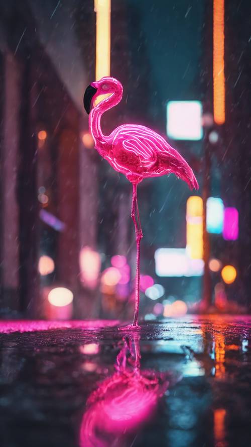 A neon pink flamingo sign reflected in the slick streets of a city during a rainy night.