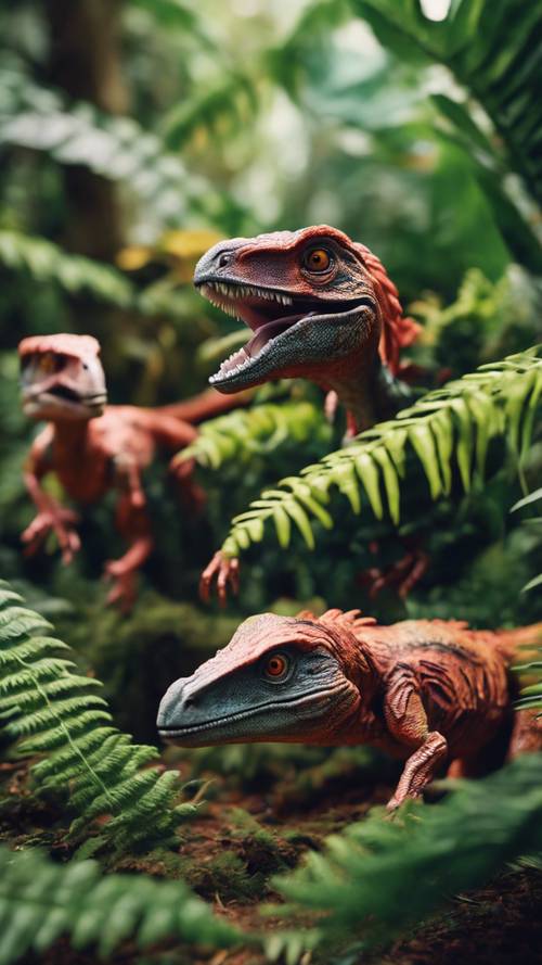 A group of tiny, vibrant-colored Velociraptors in a playful chase inside a fern-filled jungle. Wallpaper [e923fd61f2f2493886c1]