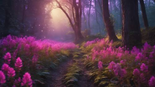 Ein mystischer Pfad in einem dichten Wald mit leuchtenden, neonfarbenen Fantasieblumen.