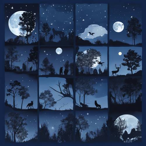 A dark blue collage of forest wildlife activity on a full moon night. Валлпапер [870c742d7d404b08bf65]