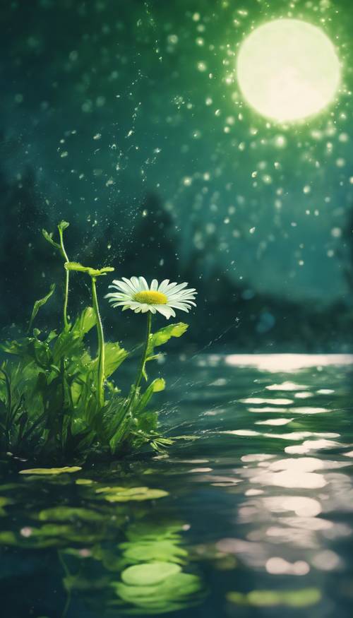 这是一幅超现实主义的画作，描绘的是宁静的湖边一朵绿色的雏菊沐浴在月光下。