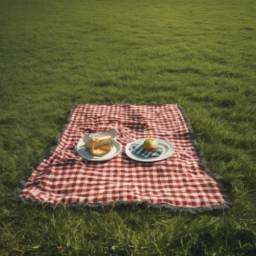 A picnic blanket spread across a field of freshly mowed green grass.
