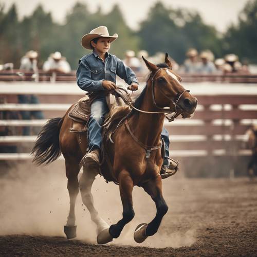 A cowboy boy with a hat and boots, racing on a horse during a rodeo.