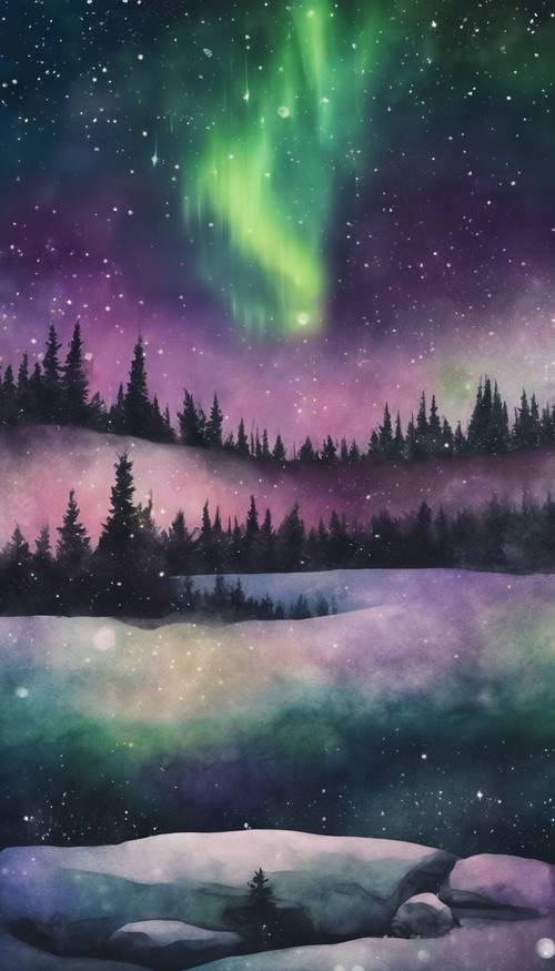 一幅神秘的水彩画，描绘的是黑暗的北极光在天空中舞动。