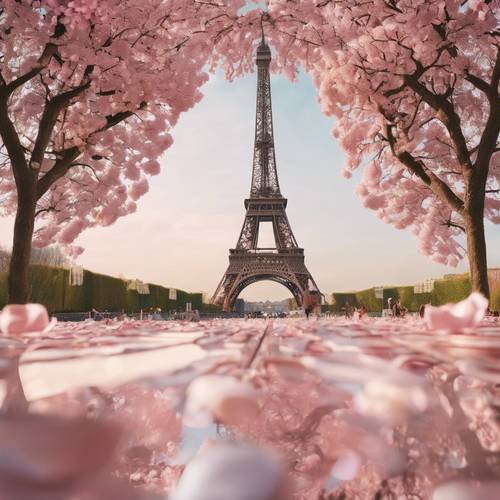 The towering Eiffel Tower painted in an elegant ballet slipper pink.