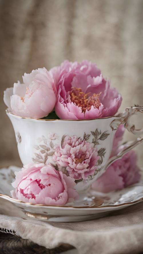 维多利亚风格的瓷茶杯，上面雕刻有粉色牡丹图案。