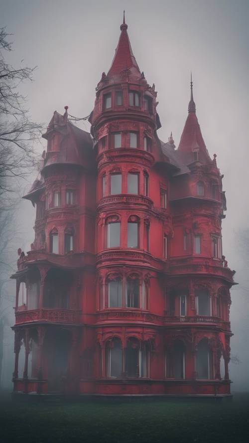 Misteriosa mansión gótica roja, envuelta en una espesa niebla