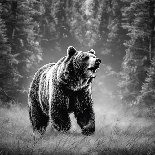 Esboço artístico em preto e branco de um urso pardo rugindo.