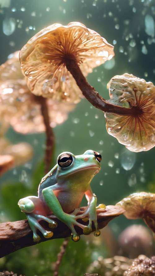 A magical realist scene of tiny tree frogs with transparent wings fluttering around luminescent mushroom tops. Wallpaper [b96e87340ac14a6ebbbc]