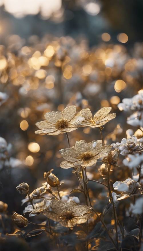 Um jardim de madrugada repleto de flores metálicas douradas e prateadas.
