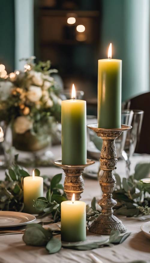 Velas de pilar verde salvia sobre una mesa puesta para una cena romántica.