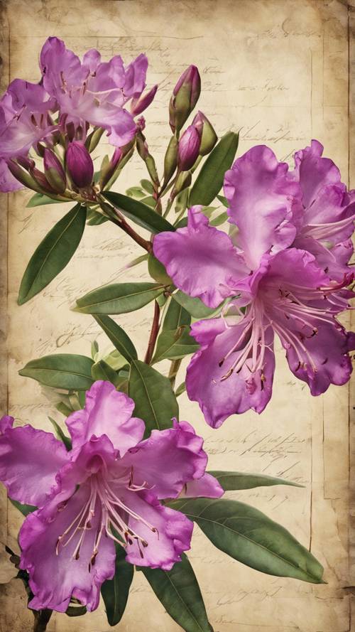 An aged parchment featuring an intricate botanical illustration of a purple Rhododendron.