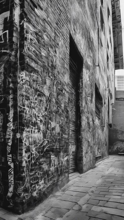 一幅巨大的、蔓延的黑白涂鸦壁画覆盖了一座砖砌的城市墙壁。