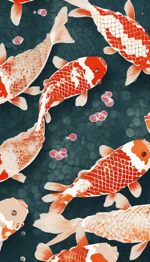 Ilustrasi ikan Koi dipintal menjadi pola Jepang minimalis.