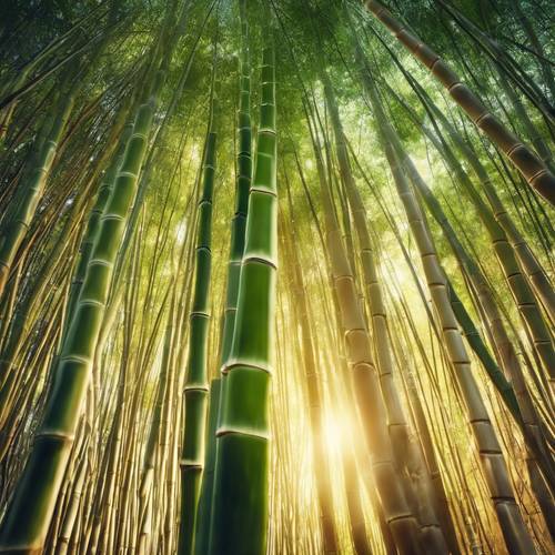 Un bosque de bambú brillando bajo la luz dorada del atardecer.