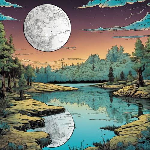 一幅超现实主义的卡通风景画，一轮巨大的月亮倒映在宁静的湖面上。