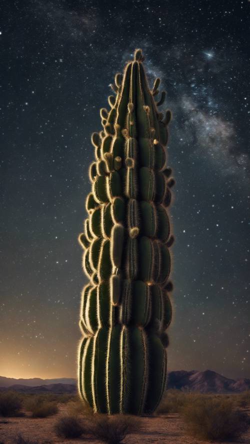 A massive cactus tower over the desert against a backdrop of starry night.