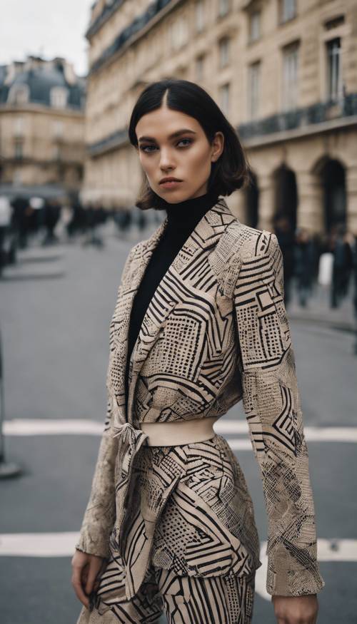 Modelo de alta costura con un elegante traje con estampado geométrico en negro y beige en una calle parisina.