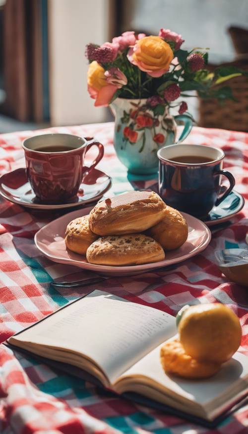 Karya seni still life yang menampilkan adegan makan siang dengan taplak meja kotak-kotak, buku bersampul keras, dan cangkir kopi, digambarkan dalam warna-warna rapi yang cerah.