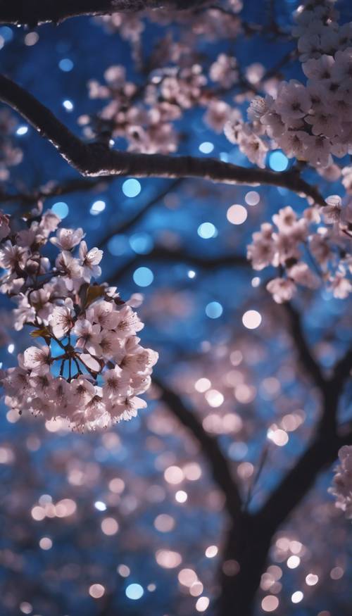 ทิวทัศน์ยามค่ำคืนของต้นซากุระสีฟ้าอันเงียบสงบที่ส่องสว่างด้วยแสงจันทร์นวล