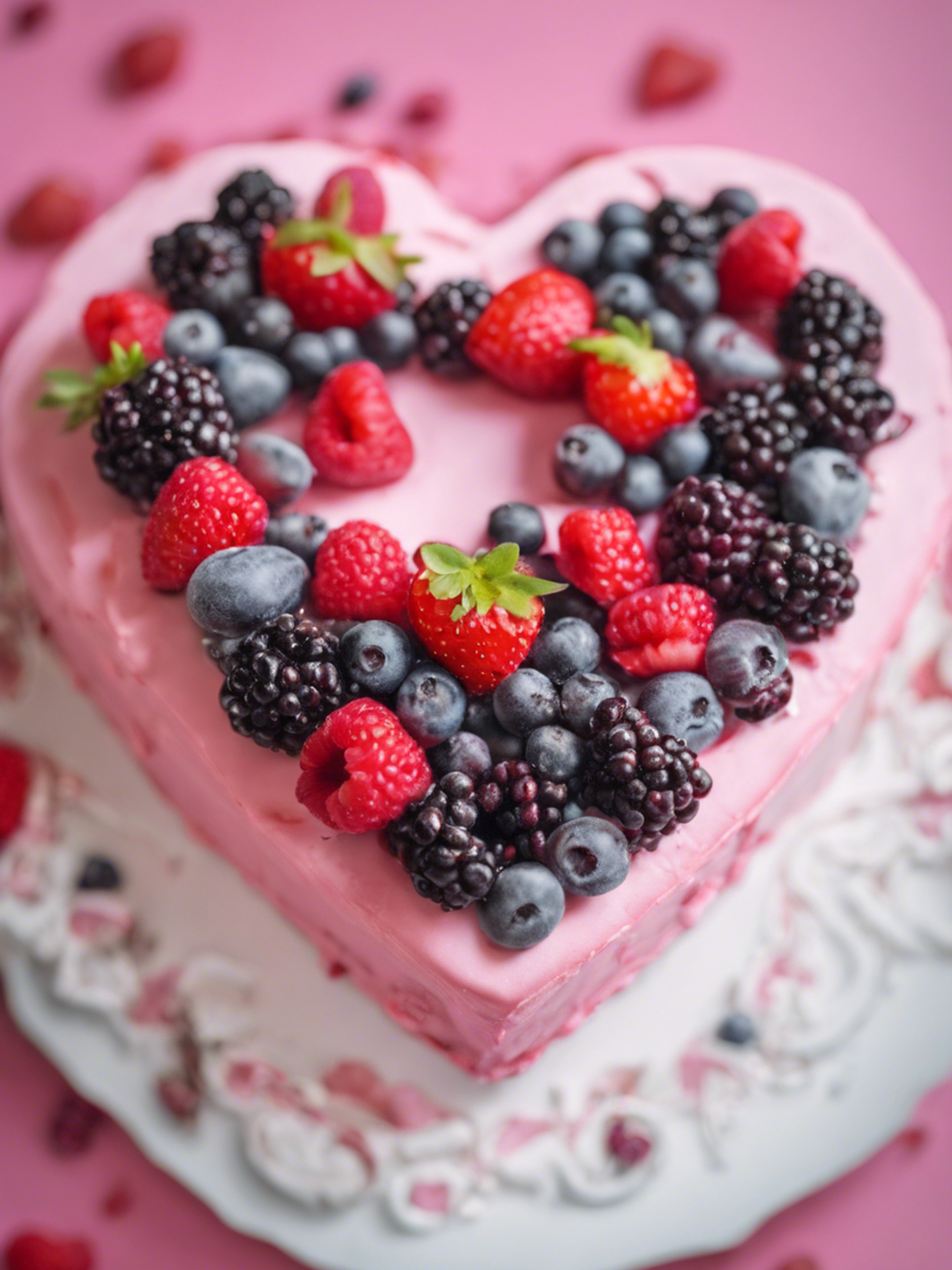 A pink heart shaped cake topped with assorted berries. Валлпапер[c4a6a00ea89247258077]