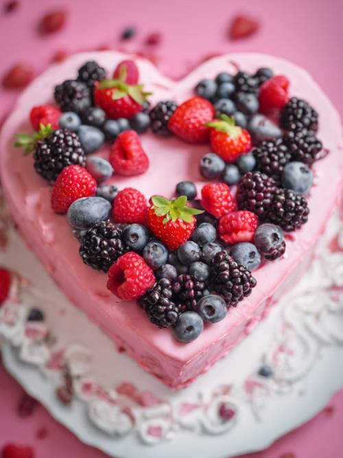 Kue berbentuk hati berwarna merah muda dengan taburan buah beri di atasnya.