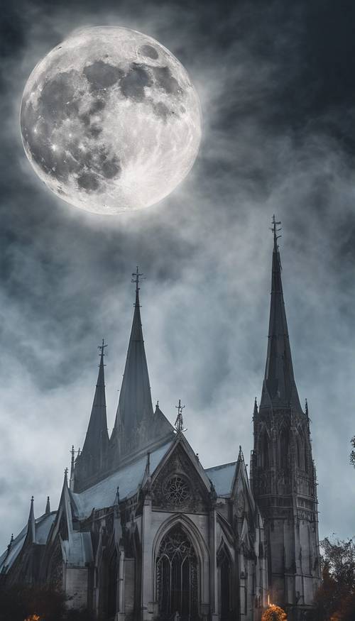 満月の下で白い煙に包まれたゴシック大聖堂