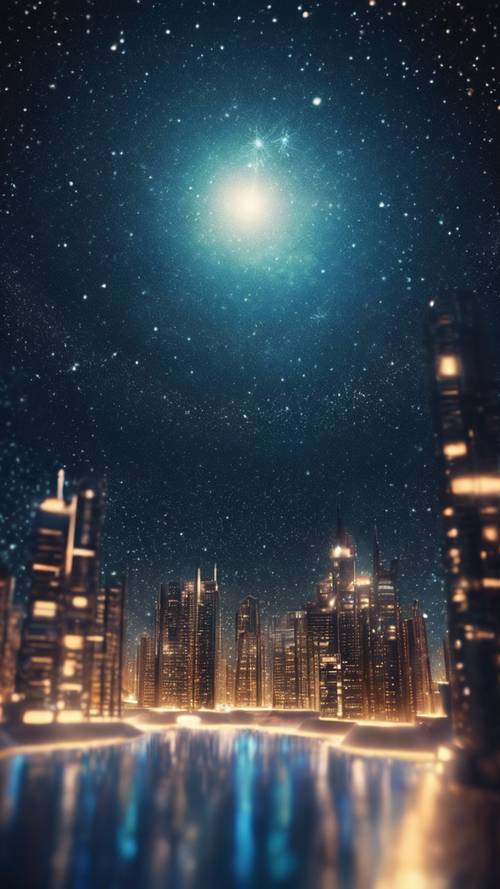 A peaceful skyline view of an imaginary star city floating in the depths of space.