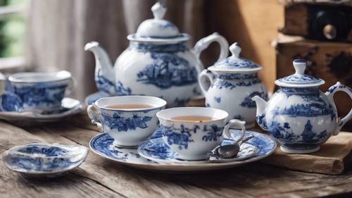 Serviço de chá vintage em porcelana azul e branca, colocado sobre uma mesa de madeira rústica.