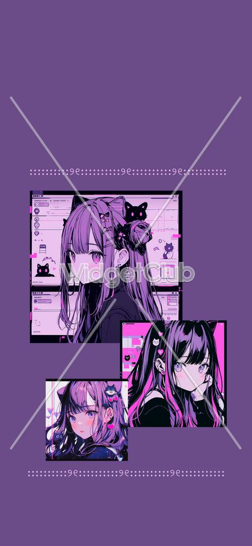 Fondo de diseño de gato y chica anime púrpura