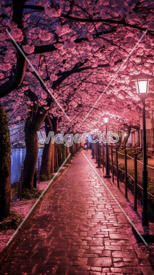 Cerezos en flor por la noche en un sendero junto al río