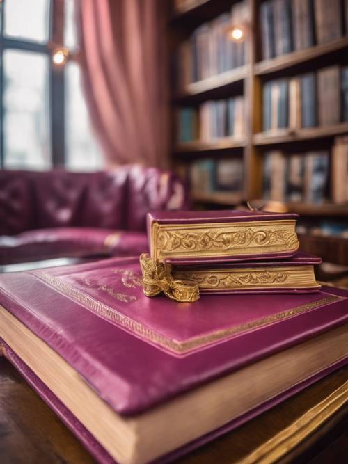 아늑한 도서관 구석에 자리잡은 화려한 핑크색과 금색 가죽으로 장정된 책입니다.