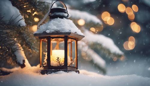 An enchanting vintage Christmas lantern casting warm light on the surrounding snow-covered pine branches.