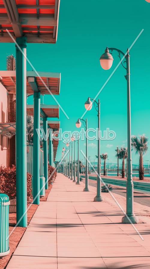 Teal Beachside Promenade with Palm Trees and Street Lamps