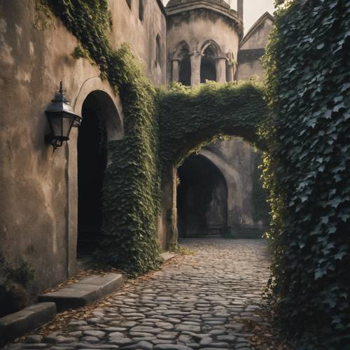A mysterious alleys draped in black ivy leading into an ancient gothic castle.