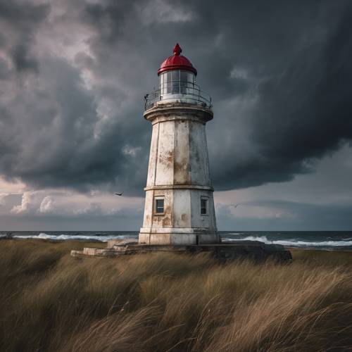 An old lighthouse standing alone against a dramatic, stormy skyline.
