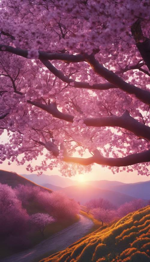 Uma cena pitoresca de uma colina coroada com flores de cerejeira roxas contra um pôr do sol radiante.