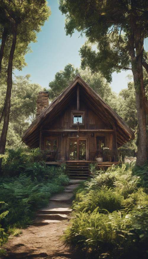 Un rustico rifugio cristiano immerso nella lussureggiante foresta sotto un cielo azzurro e limpido