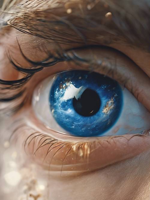 Un primer plano del ojo de un niño que refleja la canica azul, que simboliza la esperanza y los sueños para el futuro.