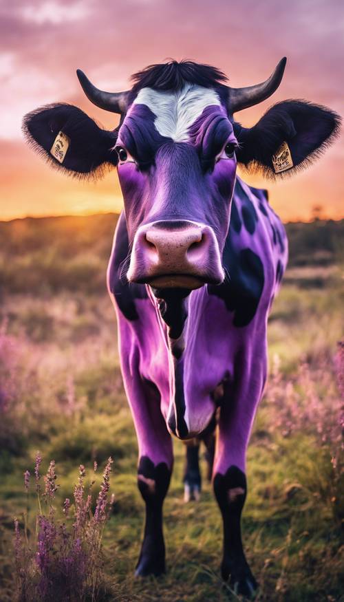 A purple cow with black spots standing in a grassy field at sunset.