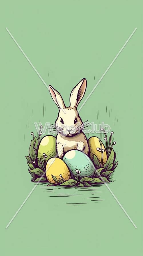 Cute Easter Bunny with Colorful Eggs Wallpaper[b64116368fd643dc80ff]