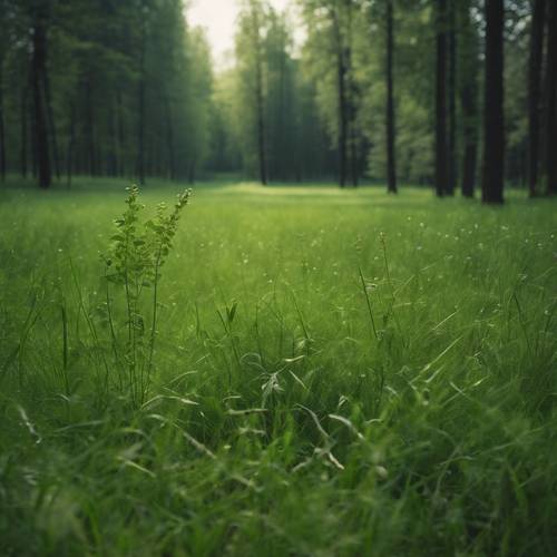Padang rumput hijau yang sepi di jantung hutan, gambaran minimalis yang menekankan kedamaian dan kesederhanaan.