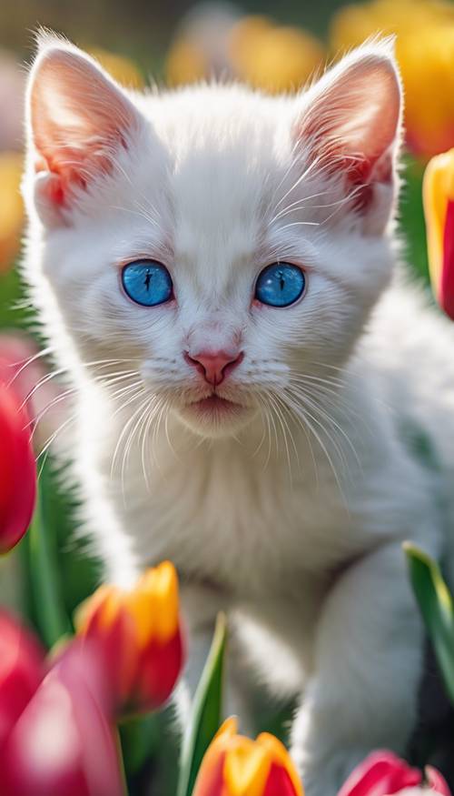 Ein energiegeladenes weißes Kätzchen, dessen blaue Augen vor Neugier leuchten, streift durch ein Feld bunter Tulpen.