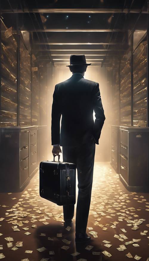 A mysterious man in a black suit holding a black suitcase full of money in a dimly lit room Tapeta [3f3c8cd3c50e4b7f828d]