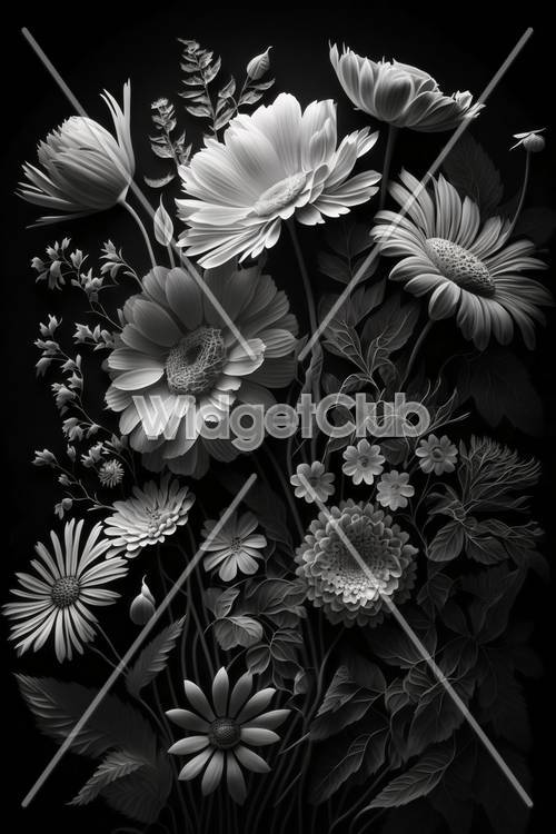 การออกแบบดอกไม้สีดำและสีขาวที่สวยงาม