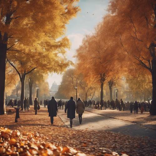 Un parc urbain animé en automne avec des gens emmitouflés dans des vêtements chauds qui se promènent et des feuilles d&#39;automne flottant des arbres.