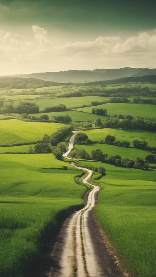 Uma imagem de uma estrada rural verdejante serpenteando por campos, com uma citação baseada em viagens.